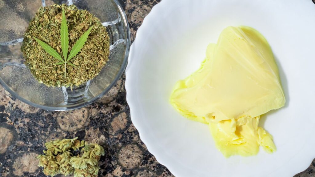 white dish with butter and cannabis in a glass dish