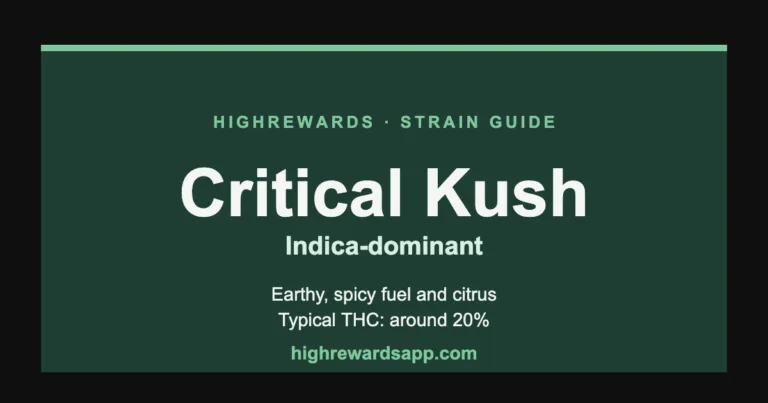 Critical Kush cannabis strain guide cover — Indica, earthy, spicy fuel and citrus