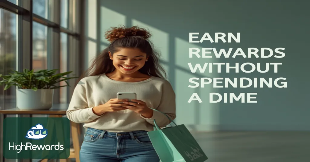Smiling shopper checking the HighRewards app to earn rewards without spending a dime