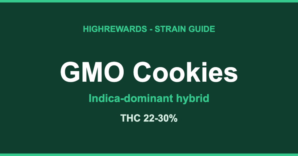 GMO Cookies strain guide by HighRewards, indica-dominant hybrid, THC 22-30%