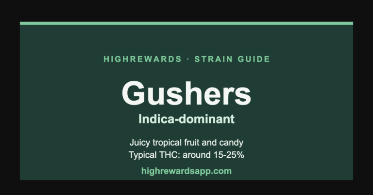 Gushers cannabis strain guide cover — Indica, juicy tropical fruit and candy