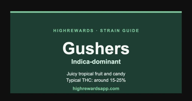 Gushers cannabis strain guide cover — Indica, juicy tropical fruit and candy