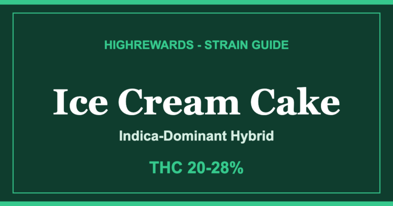 Ice Cream Cake strain guide cover from HighRewards, Indica-Dominant Hybrid, THC 20-28%