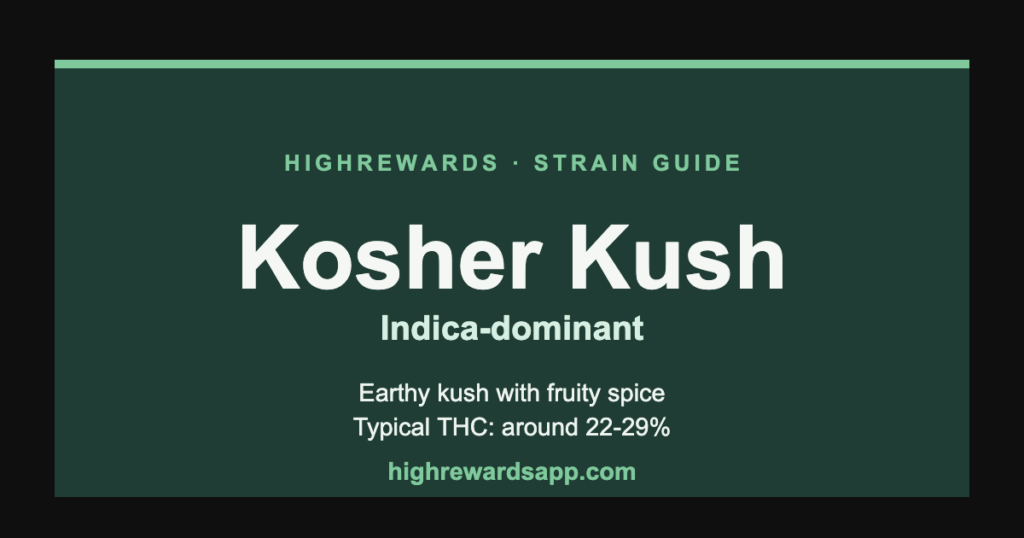 Kosher Kush cannabis strain guide cover — Indica, earthy kush with fruity spice