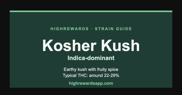 Kosher Kush cannabis strain guide cover — Indica, earthy kush with fruity spice