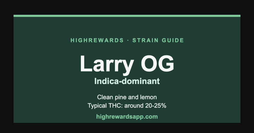 Larry OG cannabis strain guide cover — Indica, clean pine and lemon