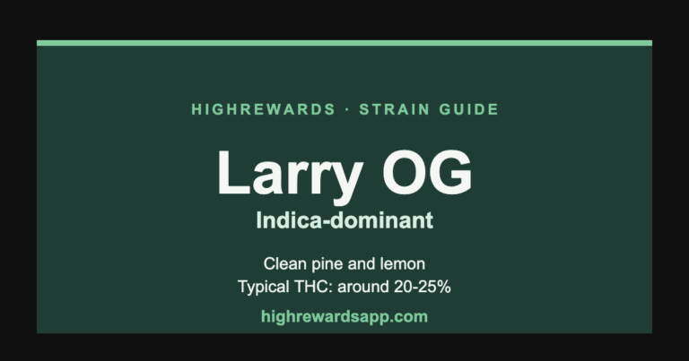 Larry OG cannabis strain guide cover — Indica, clean pine and lemon