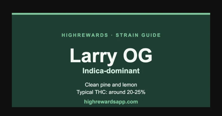 Larry OG cannabis strain guide cover — Indica, clean pine and lemon