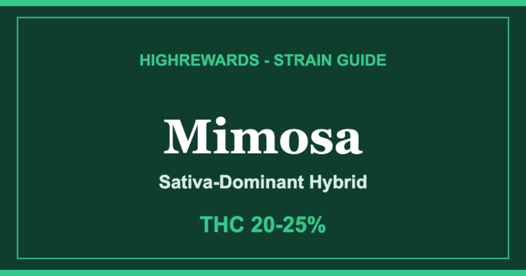Mimosa strain guide cover from HighRewards, Sativa-Dominant Hybrid, THC 20-25%
