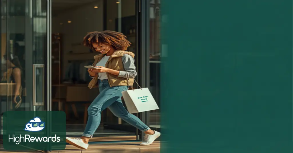 Shopper leaving a store holding a bag and using the HighRewards app