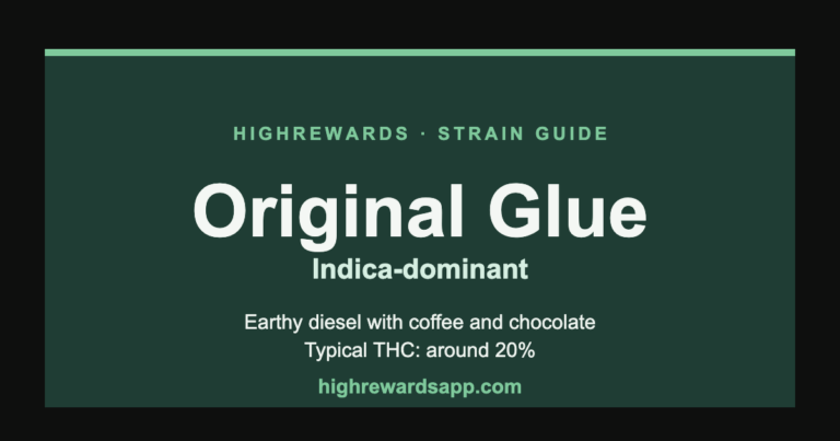 Original Glue cannabis strain guide cover — Indica, earthy diesel with coffee and chocolate