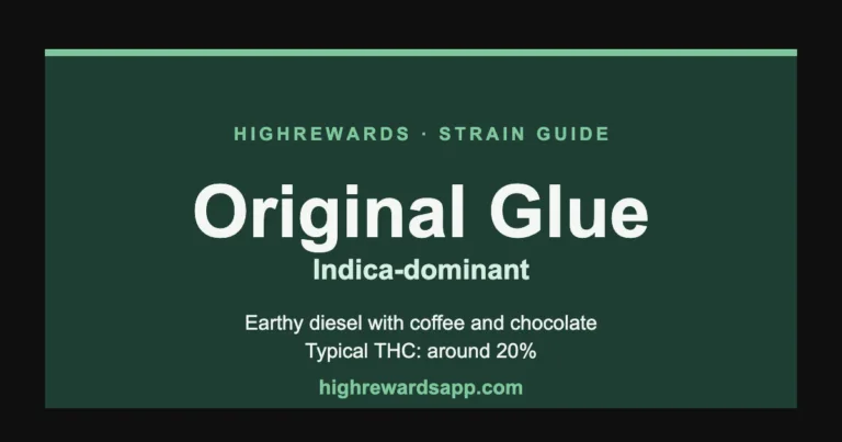 Original Glue cannabis strain guide cover — Indica, earthy diesel with coffee and chocolate