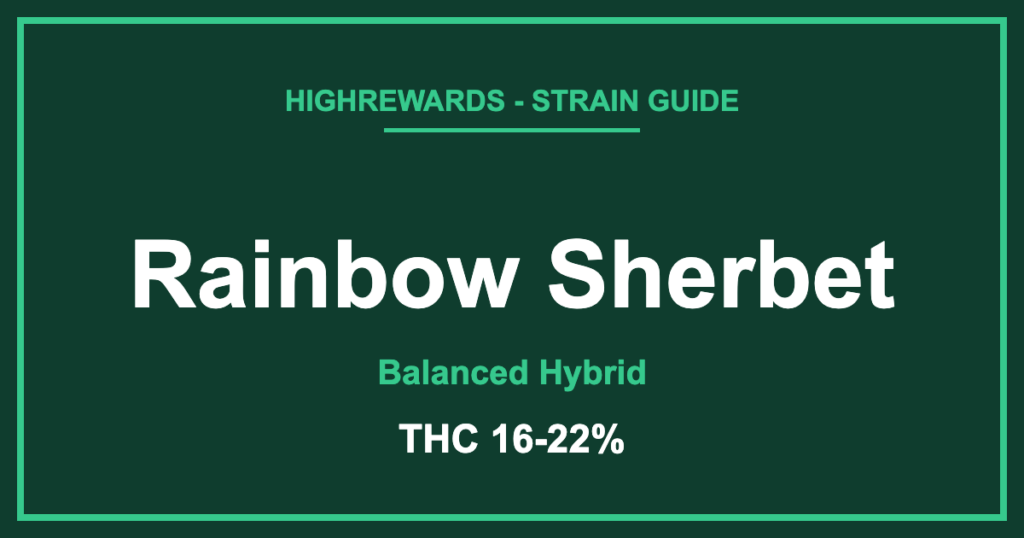 Rainbow Sherbet strain branded cover, Balanced Hybrid, THC 16-22%