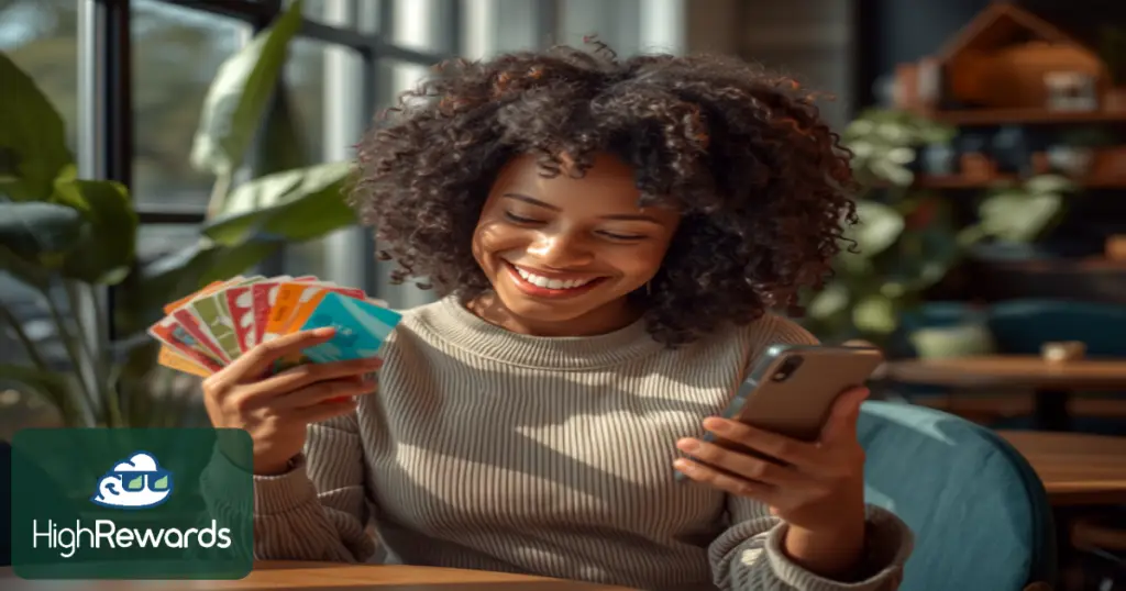 Smiling person holding gift cards and checking the HighRewards app