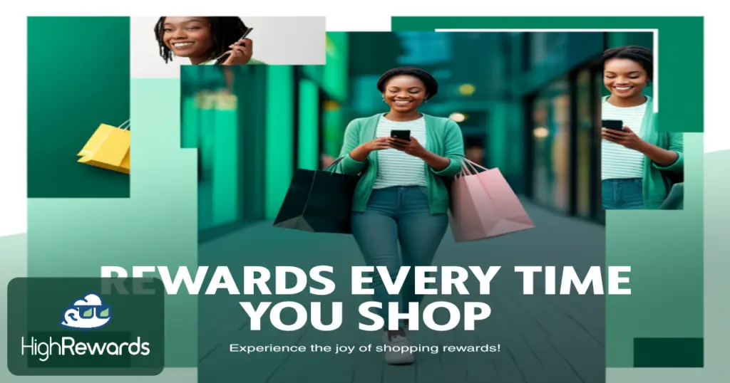 Smiling shopper with bags using the HighRewards app to earn rewards every time they shop