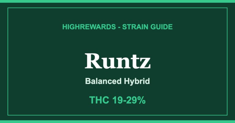 Runtz strain guide cover from HighRewards, Balanced Hybrid, THC 19-29%