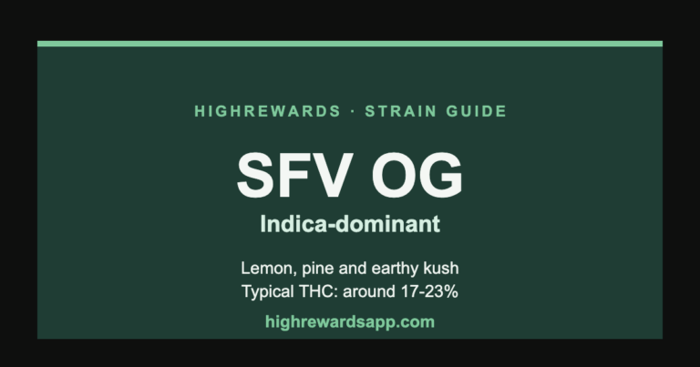 SFV OG cannabis strain guide cover — Indica, lemon, pine and earthy kush
