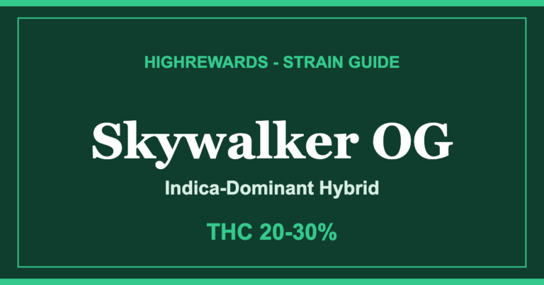 Skywalker OG strain guide cover from HighRewards, Indica-Dominant Hybrid, THC 20-30%