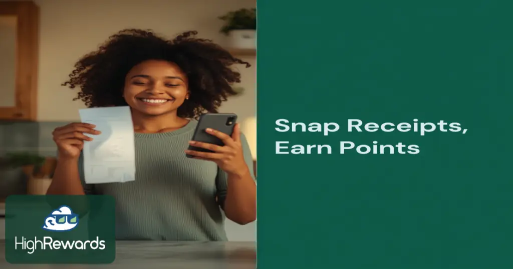 Smiling person holding a receipt and photographing it with their phone to earn points