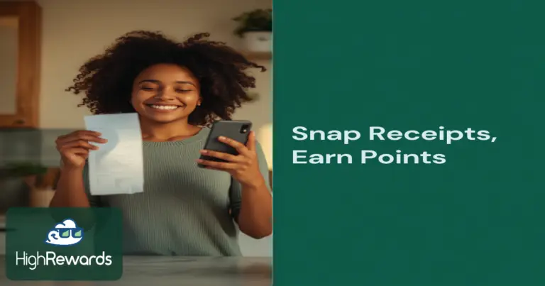 Smiling person holding a receipt and photographing it with their phone to earn points