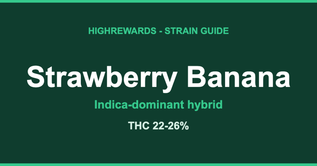 Strawberry Banana strain guide by HighRewards, indica-dominant hybrid, THC 22-26%