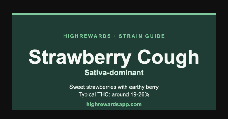 Strawberry Cough cannabis strain guide cover — Sativa, sweet strawberries with earthy berry