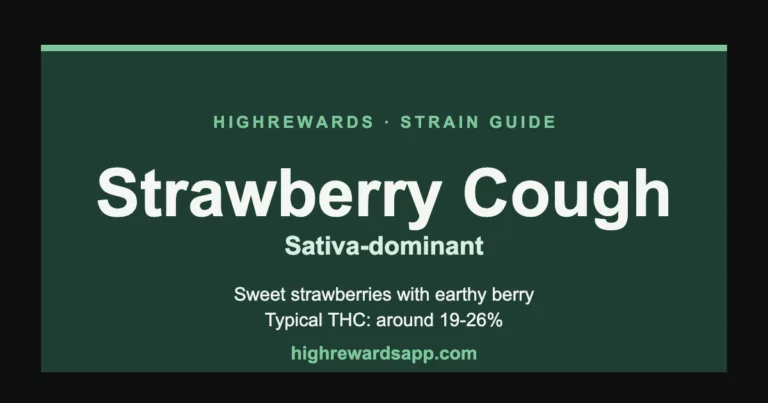 Strawberry Cough cannabis strain guide cover — Sativa, sweet strawberries with earthy berry