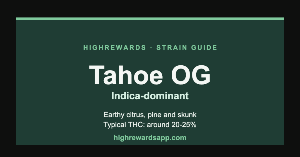 Tahoe OG cannabis strain guide cover — Indica, earthy citrus, pine and skunk