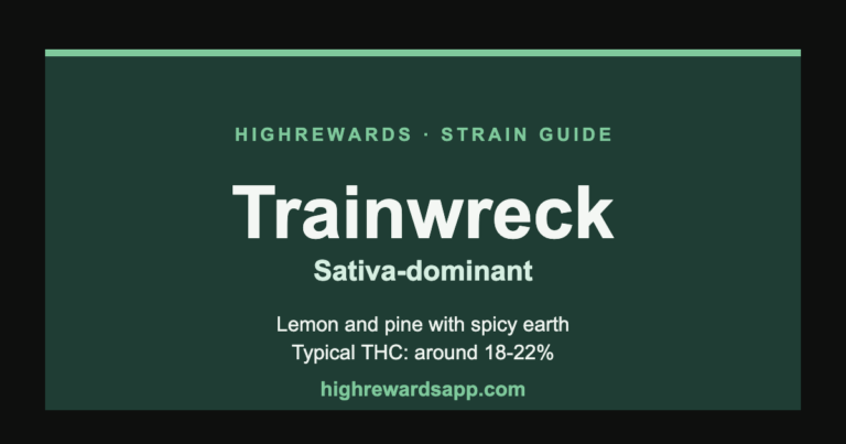 Trainwreck cannabis strain guide cover — Sativa, lemon and pine with spicy earth