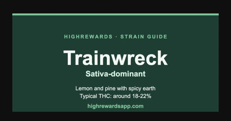 Trainwreck cannabis strain guide cover — Sativa, lemon and pine with spicy earth
