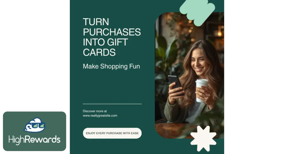 Person with coffee smiling at their phone, turning purchases into gift cards with HighRewards