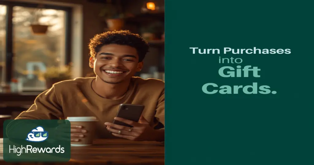 Smiling person with coffee using their phone, turning purchases into gift cards with HighRewards