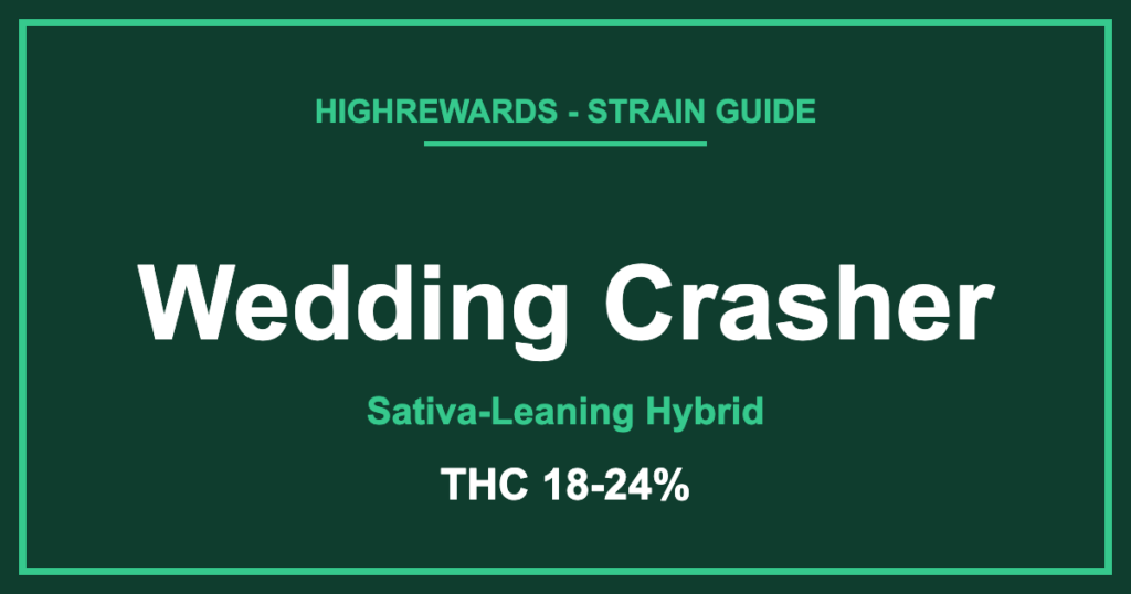 Wedding Crasher strain branded cover, Sativa-Leaning Hybrid, THC 18-24%