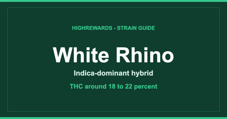 White Rhino strain branded cover, Indica-dominant hybrid