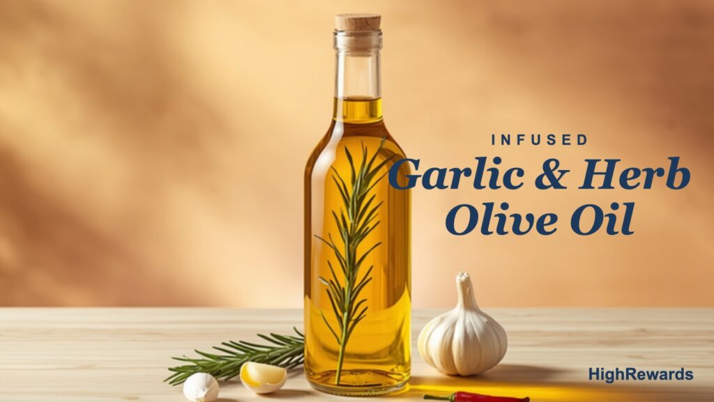 Bottle of cannabis-infused garlic and herb olive oil with rosemary, garlic and chili on a warm golden background