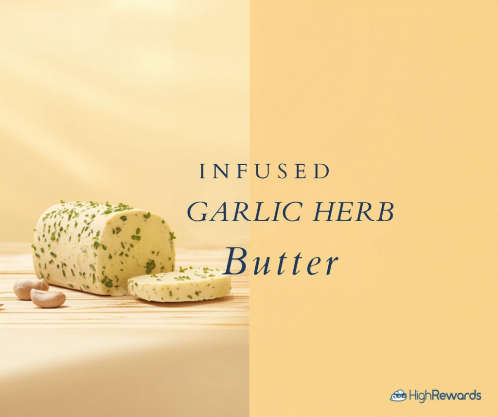Log of cannabis-infused garlic herb butter on a wooden table with the title Infused Garlic Herb Butter