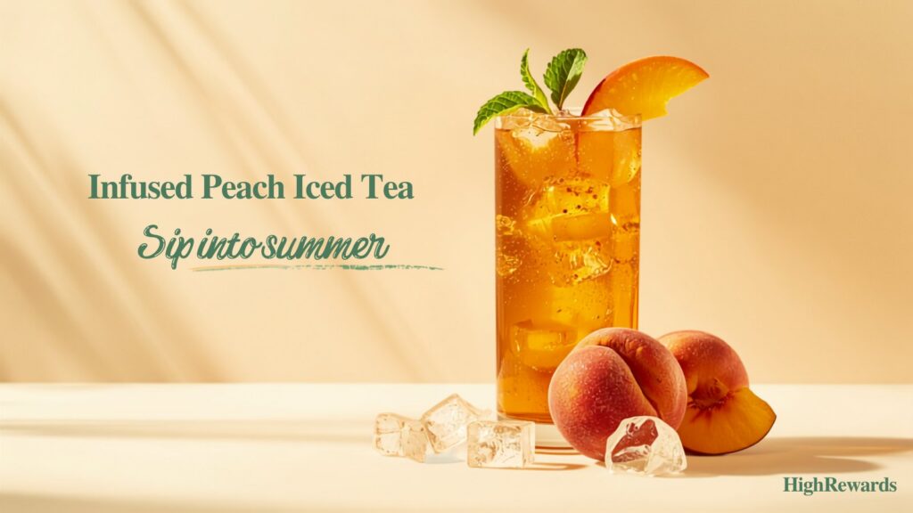 Glass of cannabis-infused peach iced tea over ice with peach slice and mint on a light cream background
