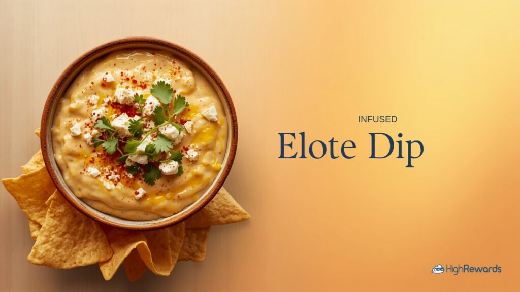 Overhead view of creamy Mexican street corn elote dip with cotija cheese and tortilla chips