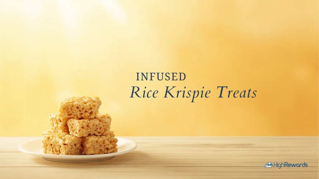 Stacked cannabutter rice krispie treats on a white plate with a warm golden backdrop