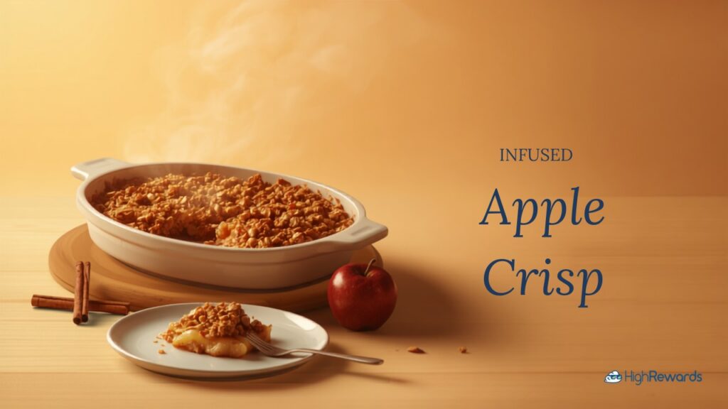Cannabis-infused apple crisp in a baking dish with INFUSED Apple Crisp title on a warm golden backdrop