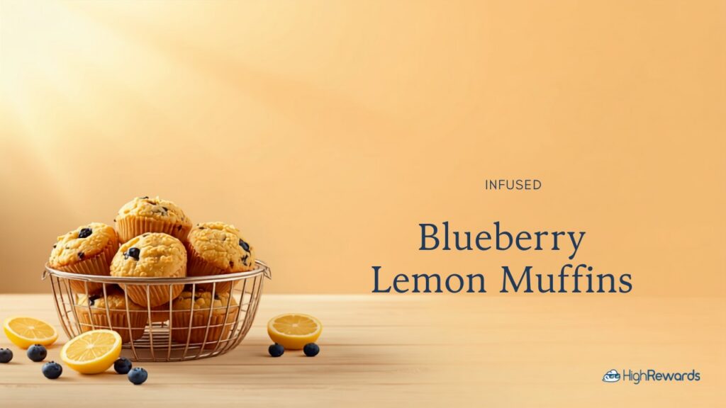 Basket of infused blueberry lemon muffins with fresh lemons and blueberries on a light wood surface