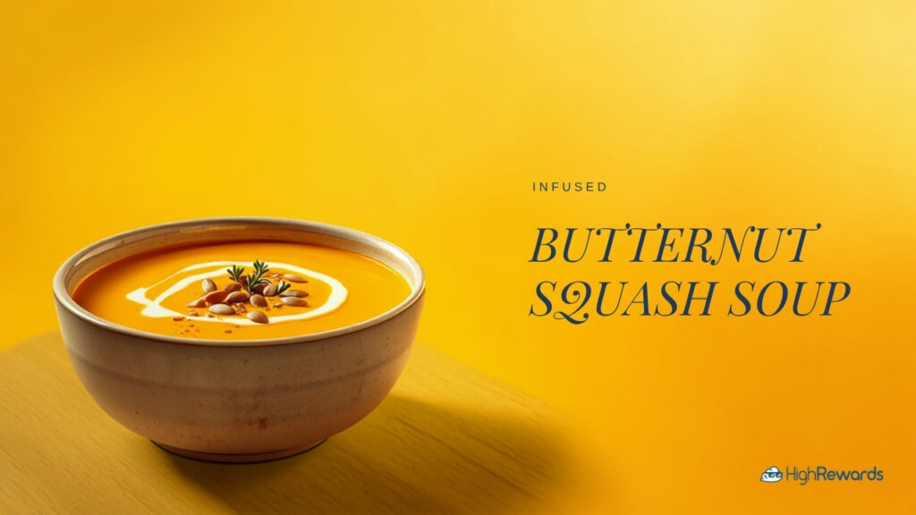 A bowl of creamy infused butternut squash soup on a wooden surface with a warm golden backdrop