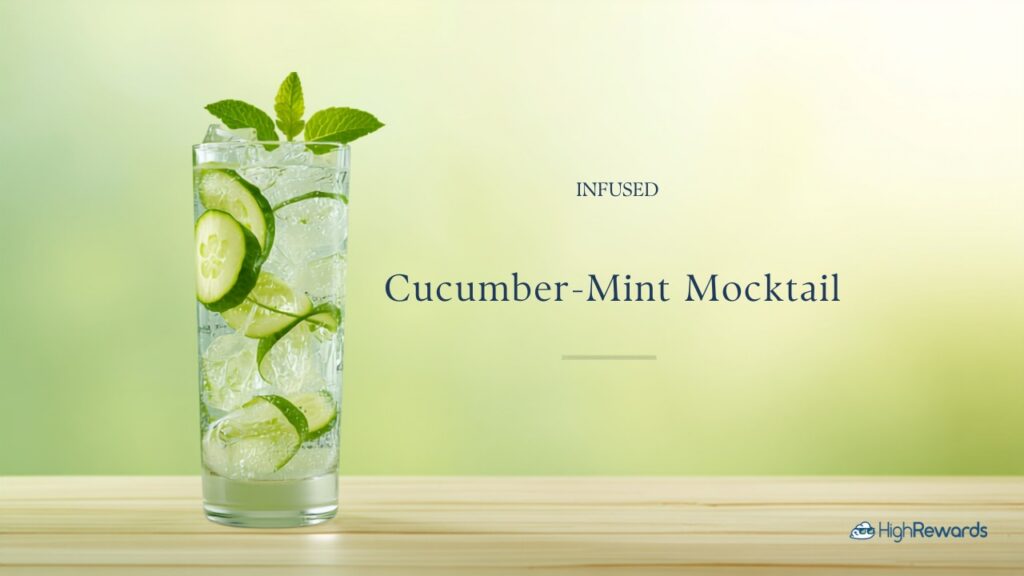 Tall glass of infused cucumber-mint mocktail with cucumber ribbons and fresh mint