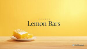 Infused lemon bars on a plate against a warm golden backdrop with the words Infused Lemon Bars