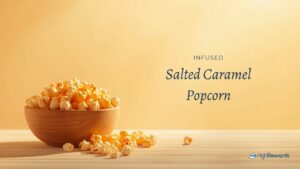 Bowl of glossy golden infused salted caramel popcorn on a light wood surface with a warm golden backdrop