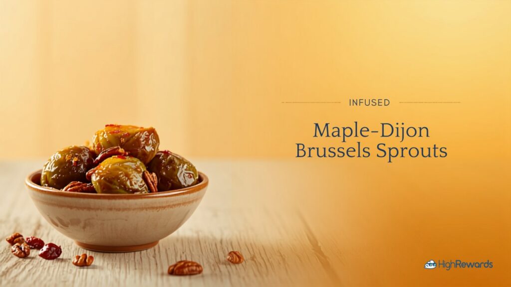 A bowl of caramelized maple-Dijon Brussels sprouts with pecans on a light wood surface