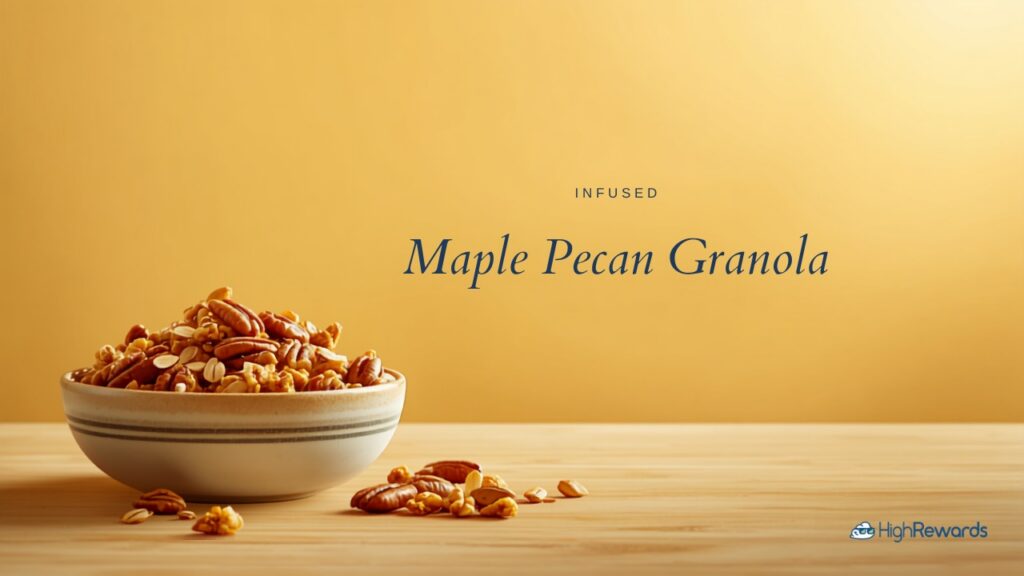 A bowl of infused maple pecan granola on a light wood surface with a warm amber background