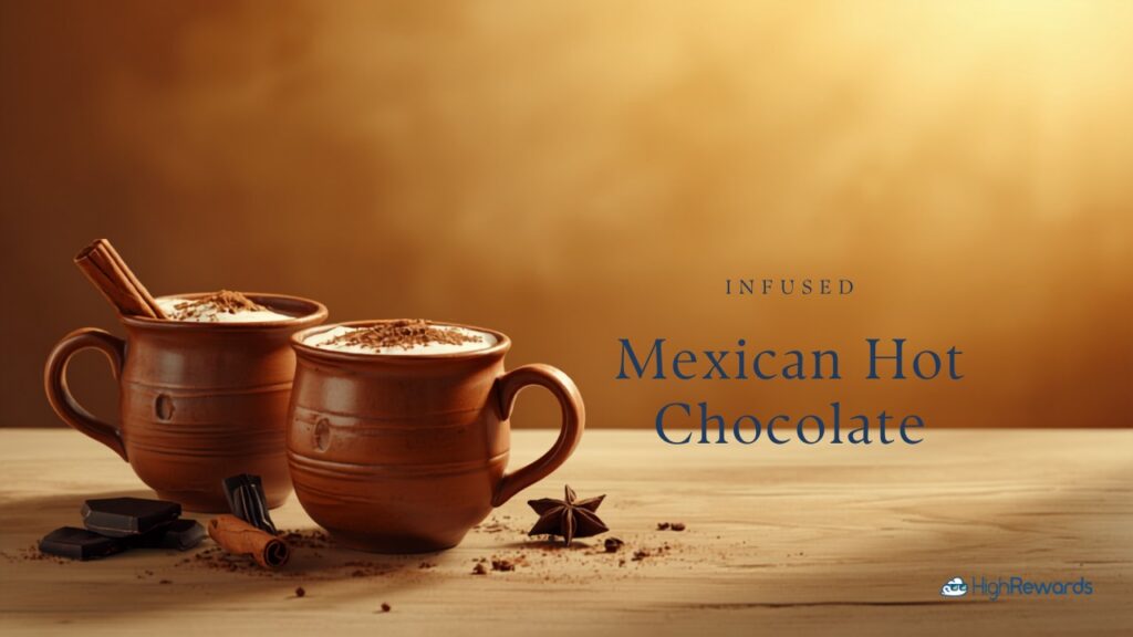 Two mugs of infused Mexican hot chocolate with cinnamon on a light wood table