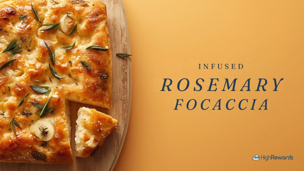 Infused rosemary focaccia with garlic and rosemary on a wooden board