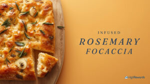 Infused rosemary focaccia with garlic and rosemary on a wooden board
